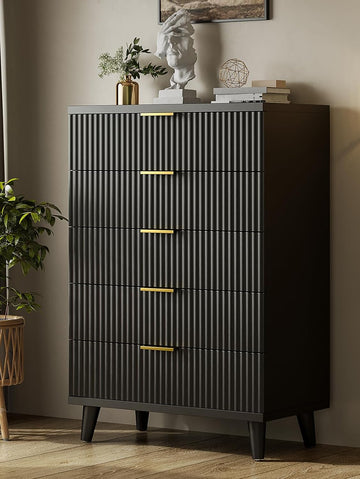 Black Dresser Wood Tall Dressers Drawers, Fluted Modern Dresser 5 Drawers Black