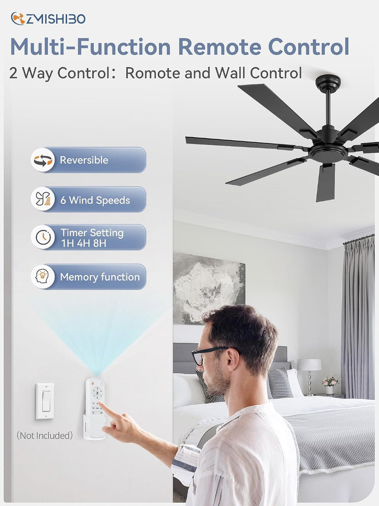 60" Ceiling Fans No Light with Remote, Black Modern Ceiling Fan Without Light, Quiet Reversible DC Motor, 6 Speeds