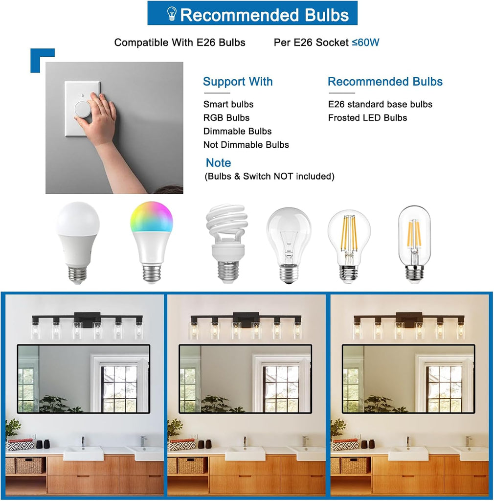 Black Bathroom Light Fixtures, 6-Light Bathroom Lighting Fixtures Over Mirror with Clear Glass Shade, Matte Black