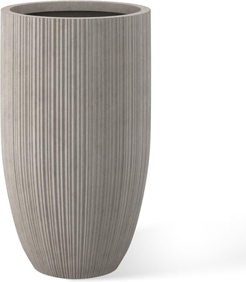 Small Round Tapered Weathered Concrete Planter 24" Tall, Outdoor | Fluted, Rubber Plug for Indoor, Drainage for