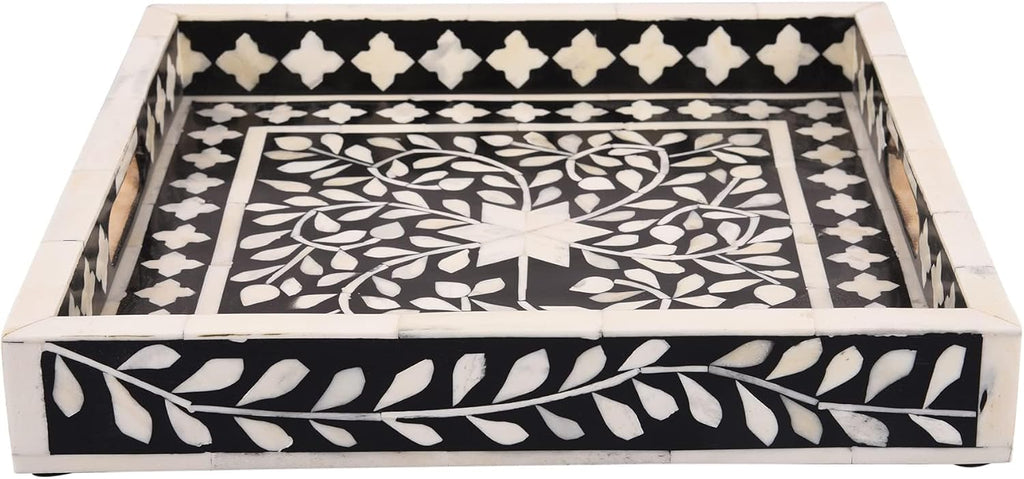 Alhambra Bone Inlay Decorative Tray, Coffee Table & Ottoman Serving Tray, Black White Vanity Countertop Organizer