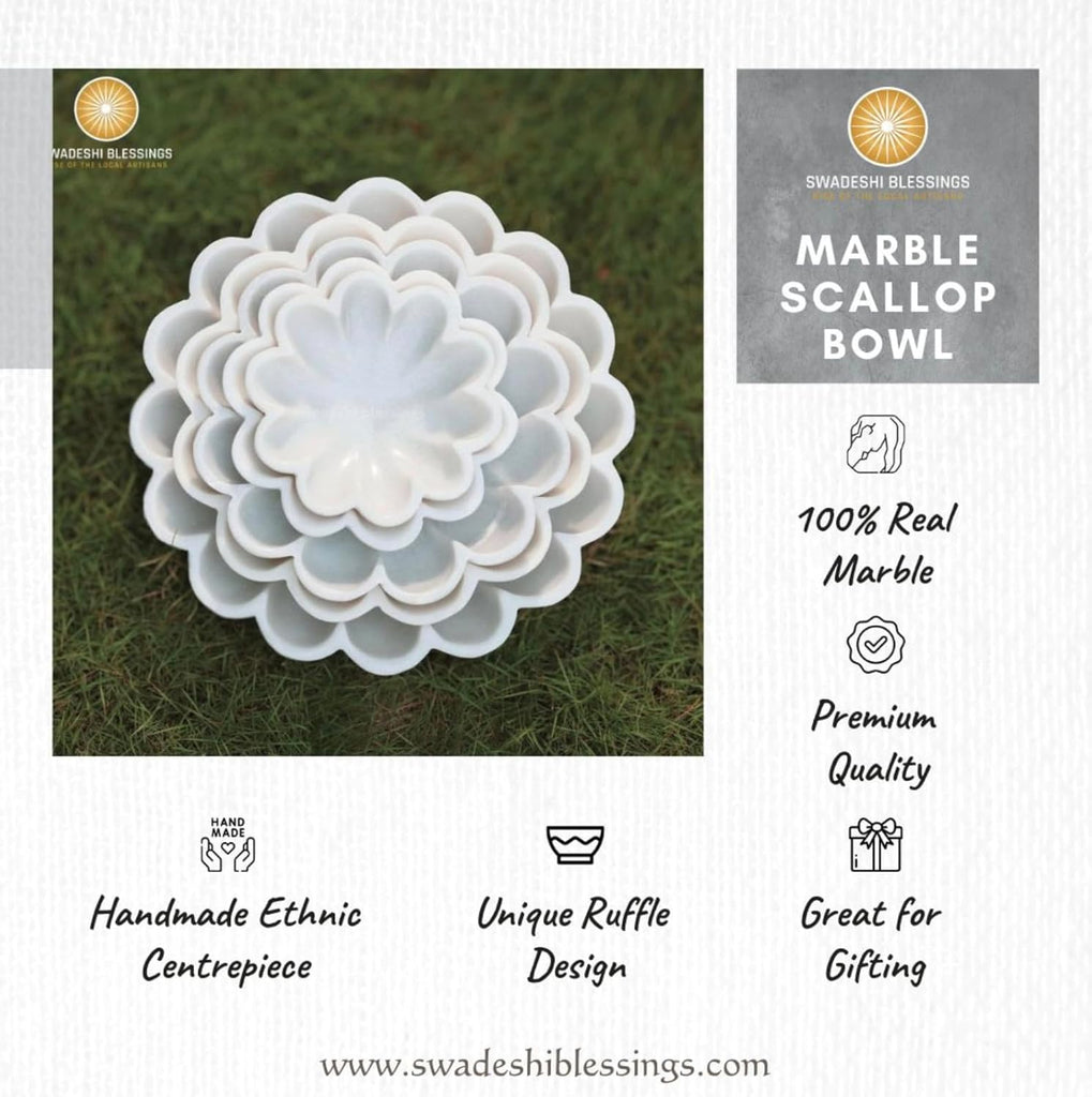 HandCrafted Marble Decorative Bowl | White Ruffle Scalloped Fluted Key/Fruit Ring Dish | Organic Modern Home Decor (6