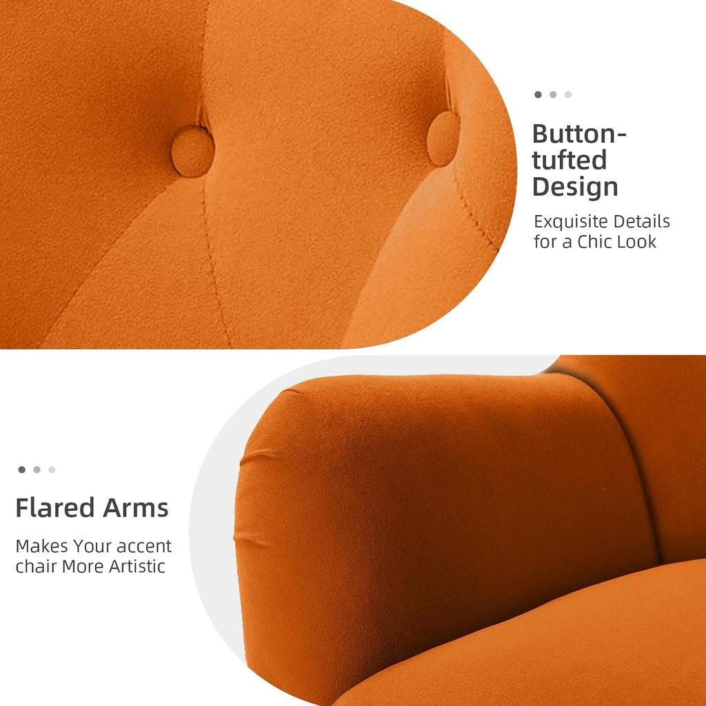 Velvet Tufted Accent Chair, Modern Wingback Arm Chair, Orange | Metal Gold Legs, Wood Frame, Velvet Tufted