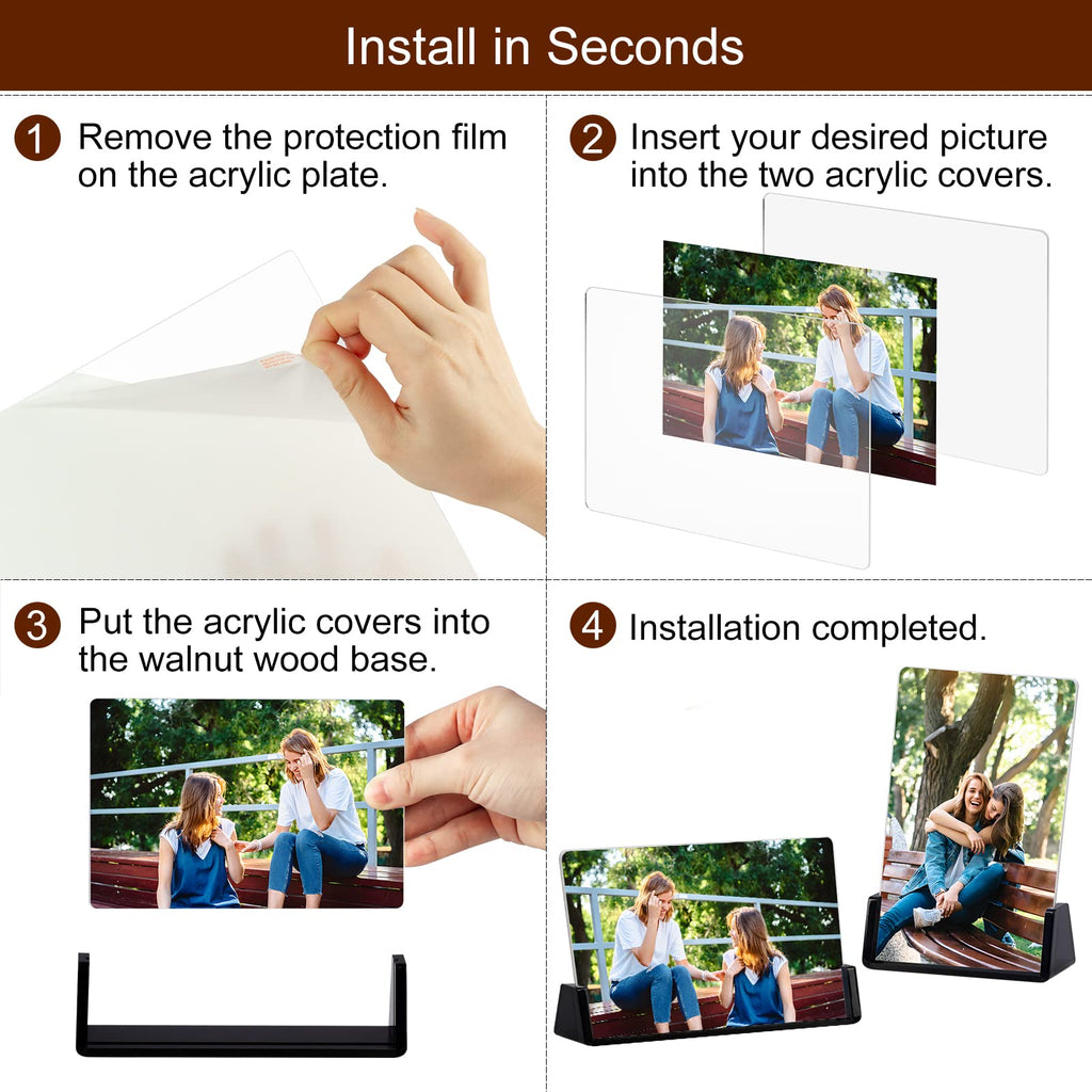 2 Pack Acrylic Picture Frames 4x6 with Translucent Black Base Stand, Frameless Photo Frame for Tabletop or Desktop