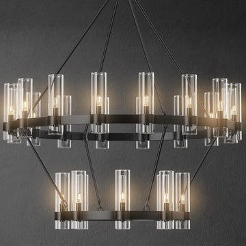 Inspired Ravelle Style Black Chandelier, 24-Lights Wagon Wheel Chandelier with Glass Shade,48 Inch Large Round Industrial High Ceilings Pendant Lighting Fixture for Dining Room, Living Room, Kitchen Island, Foyer