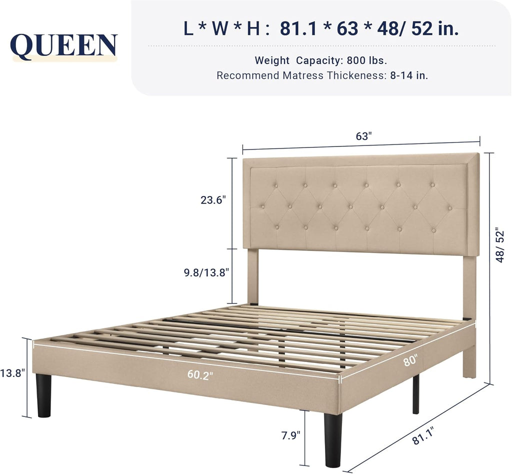 Queen Button Tufted/Fabric Upholstered Bed Frame with Adjustable Headboard/Wood Slat Support/Mattress Foundation/Beige