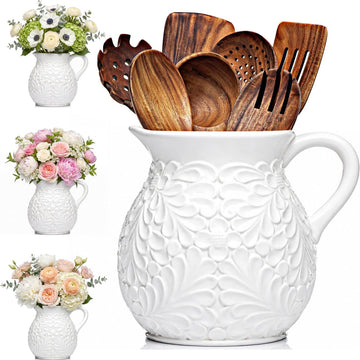 Ceramic Vase & Utensil Holder, 7.9-Inch Large Embossed Farmhouse Crock