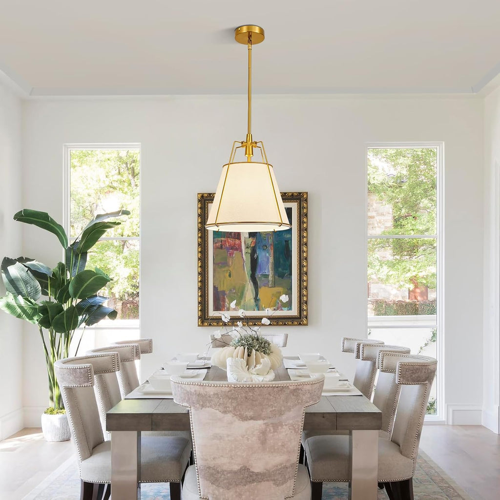 Modern Pendant Light Fixtures with 12" White Linen Fabric Shade, Adjustable Hanging Light Fixture,Drum Gold Vintage