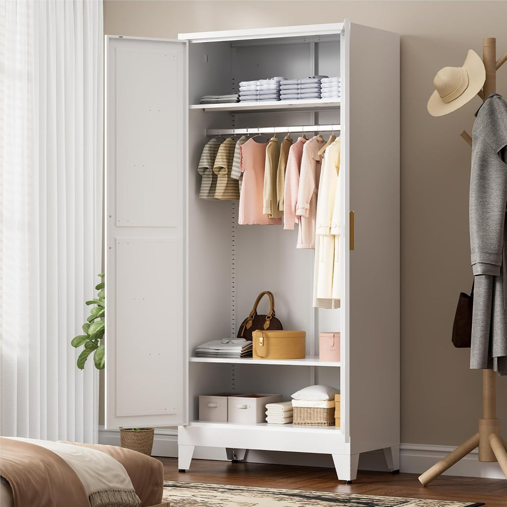 71" Tall Metal Wardrobe Closet with Adjustable Shelves and Hanging Rod, 2 Doors Free Standing Armoire Wardrobe