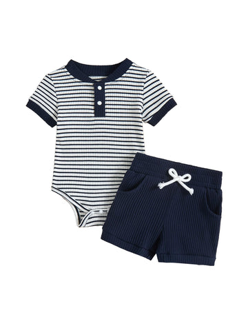 Baby Boy Clothes Ribbed Short Sleeve Striped Romper Top Solid Color Shorts Set with Pockets Baby Boy Summer Outfits