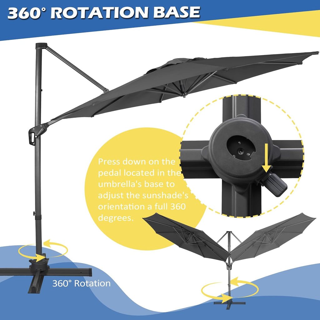 10Ft Cantilever Patio Umbrella, 360° Rotation & Integrated Tilting System Offset Umbrella with 8 Sturdy Ribs - Grey