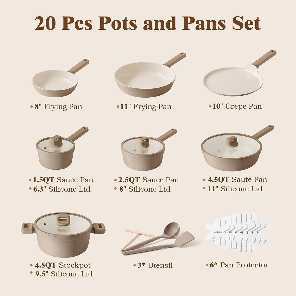 Ceramic Pots and Pans Set Nonstick, 20Pcs Cookware Set, Taupe | Non Stick Ceramic Coating, Non-toxic Healthy Kitchen