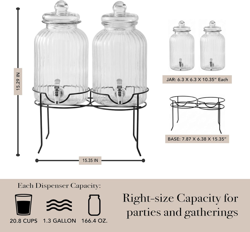 Canyon Beverage Dispenser Cold Drink Dispenser w/ 1.3-Gallon Capacity each Glass Jug, Metal Rack & - Set of 2
