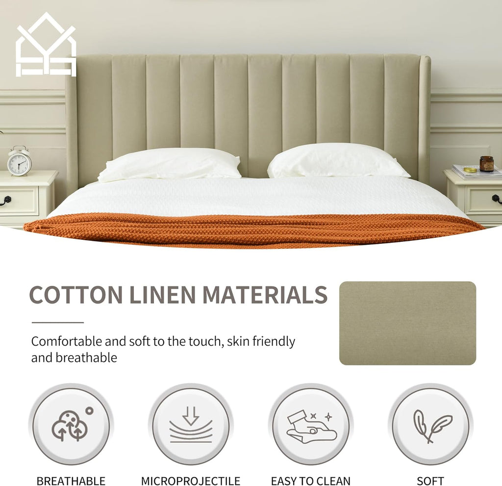 upholstered Platform Bed Frame/Queen Bed Frame/Modern Geometric Double-Wing Design headboard/Linen Fabric/Easy to Assemble no Noise (Beige, Queen (U.S. Standard))