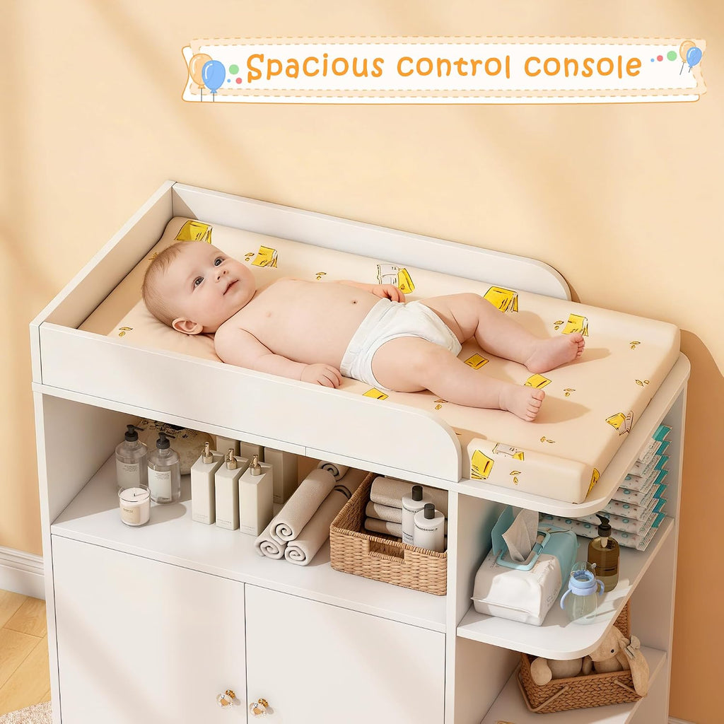 Changing Table Dresser, Baby Dresser with Changing Table Top, Diaper Changing Station with Large Cabinet, 4 Open