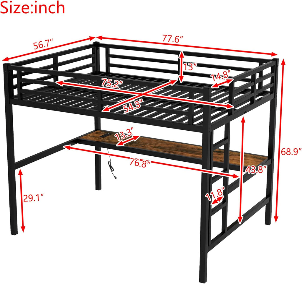 Full Metal Loft Bed with Desk and LED Lights,Heavy Duty Loft Bed Frame with Charging Station and USB for