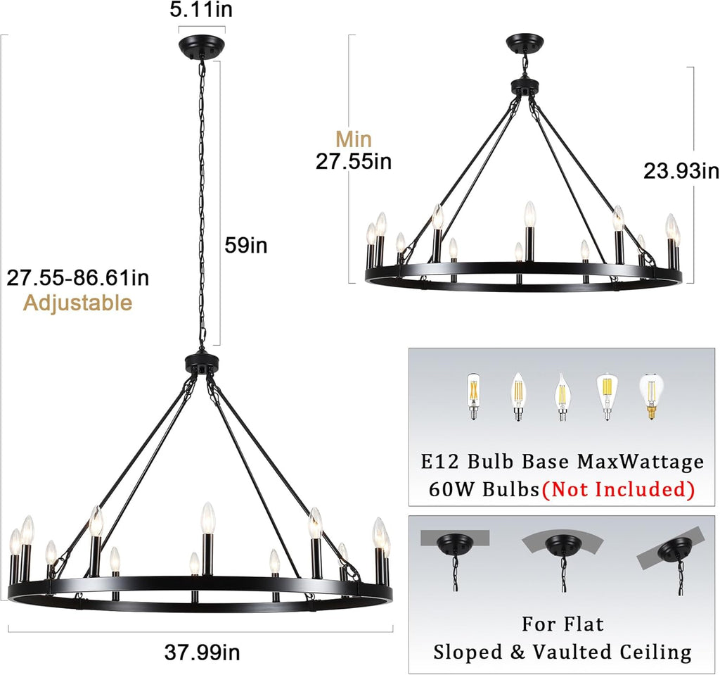 12-Light Black Wagon Wheel Chandelier for Dining Room Farmhouse Pendant Light Fixtures Outdoor for Rustic High