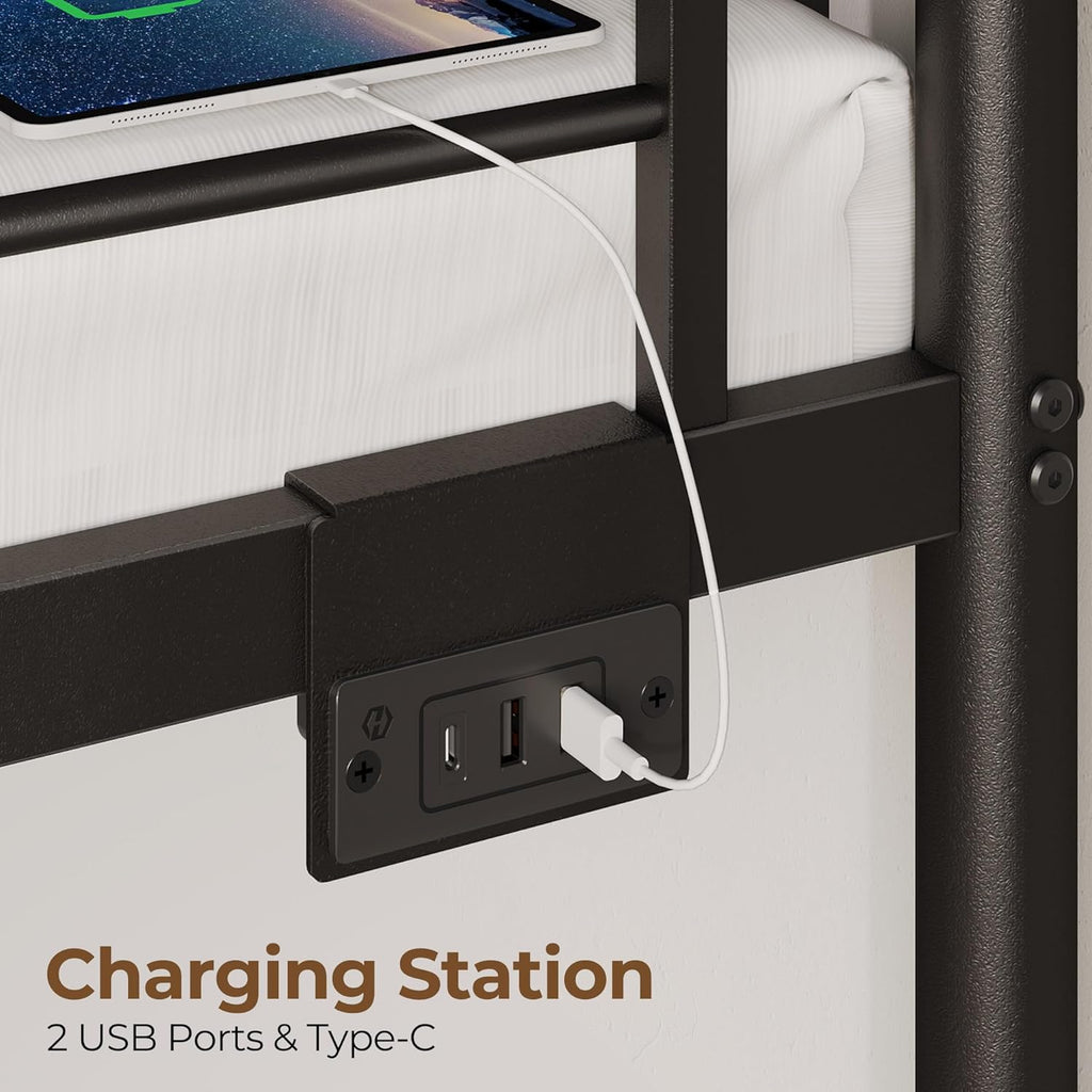 Metal Bunk Bed Twin Over Twin with USB Charging Station, LED Bunk Bed with 2 Storage Drawers