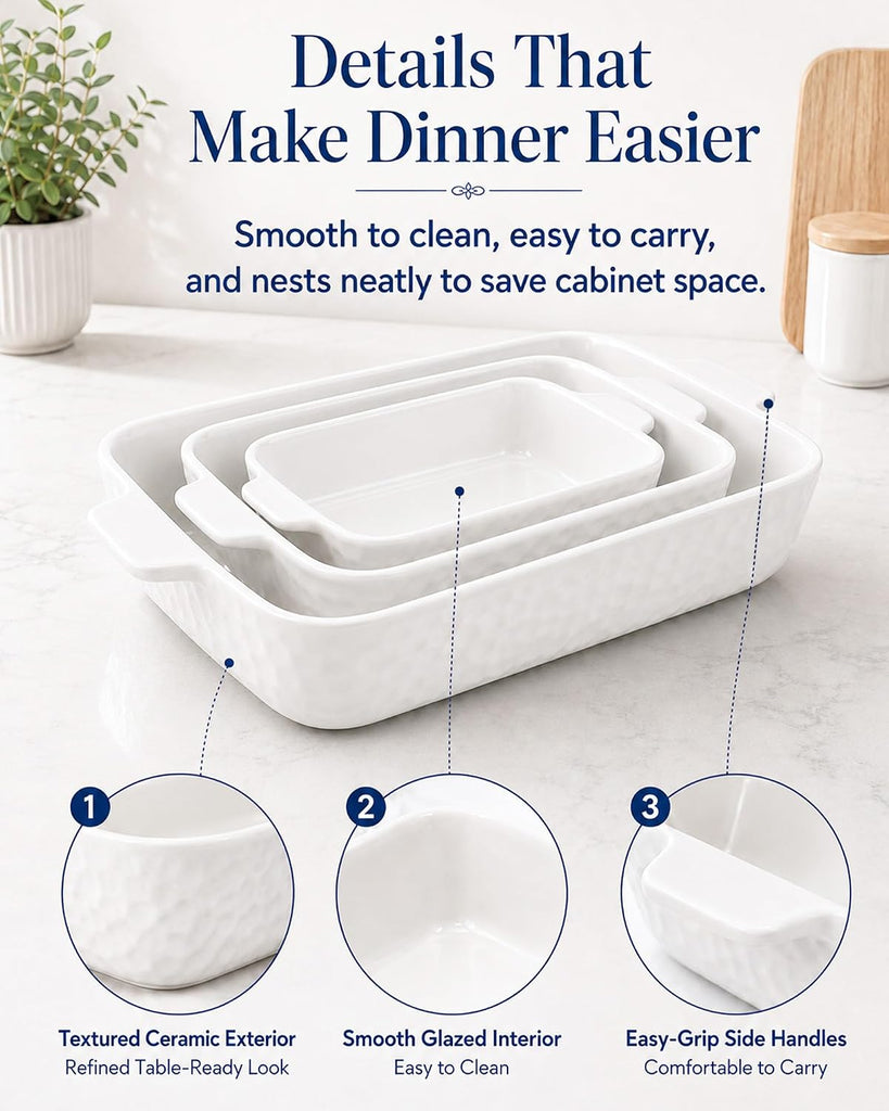 Ceramic Dish Set of 3, Casserole Dishes for Oven | Rectangular ceramic dishes with handles for lasagna, pasta, sides