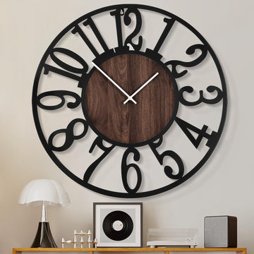 Large Wall Clock Decor- 24" Decorative Antique Silent Non Ticking, Battery Operated, Black Metal, Wood Clocks for
