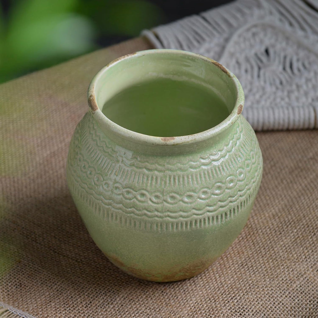Ceramic Rustic Farmhouse Vase, Green Distressed Flower Vase