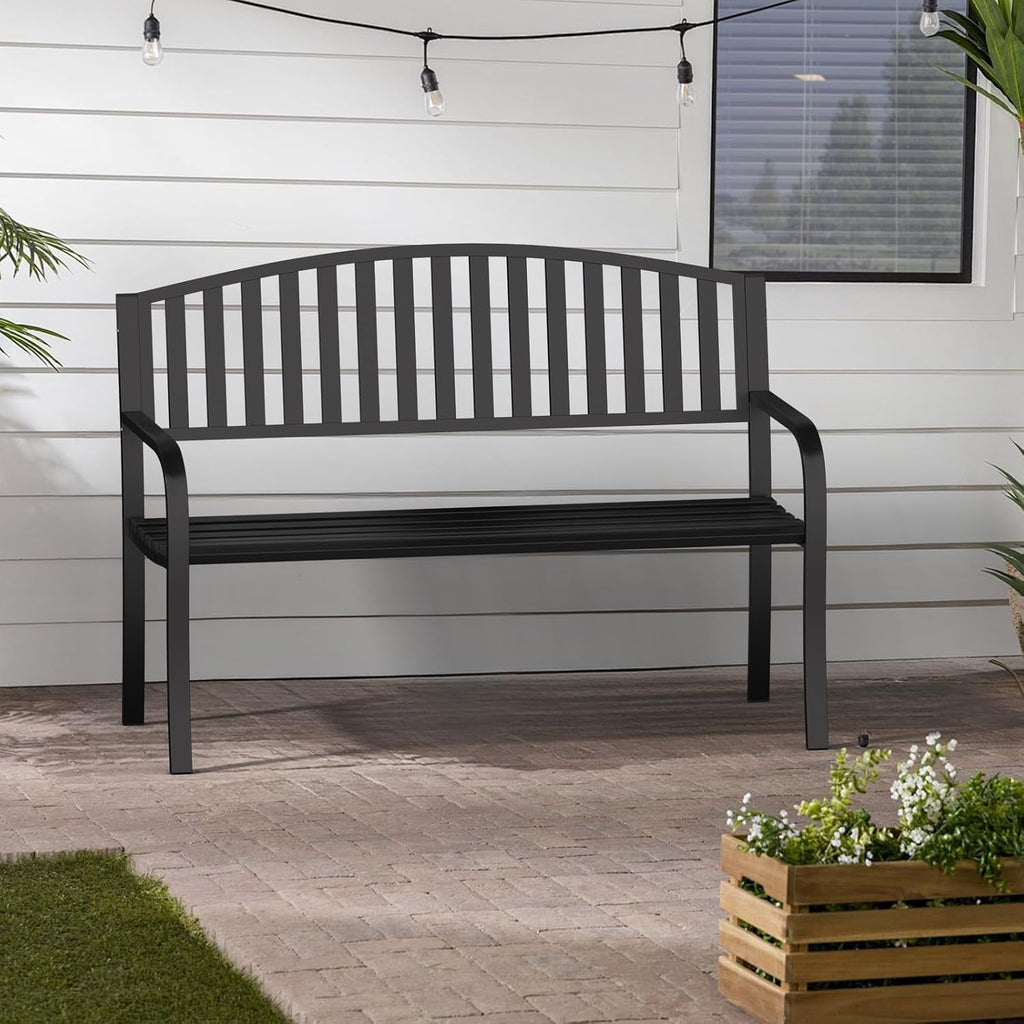 Garden Bench, 50" Outdoor Bench, 660LBS Wrought Iron Porch Bench, Patio Bench with Armrests for Garden Lawn or Yard
