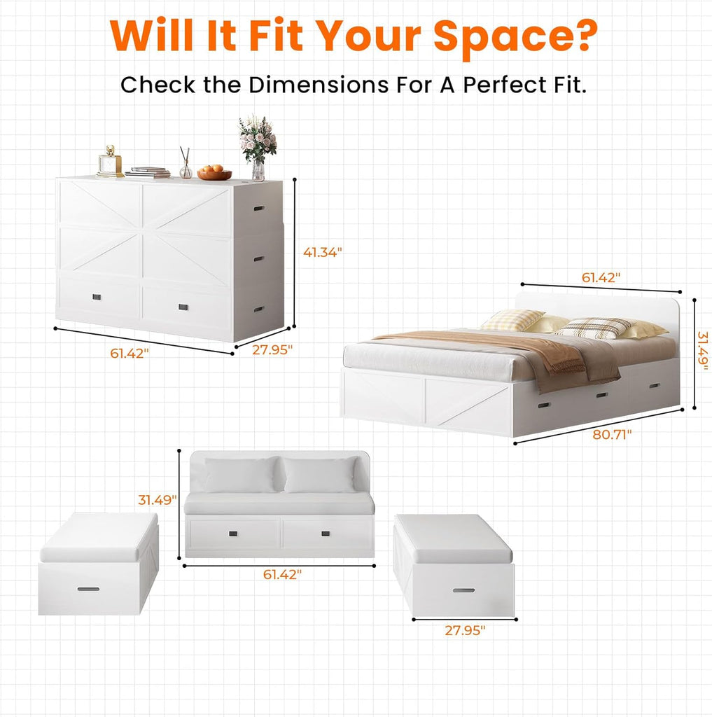 Murphy Bed Queen with Mattress Include，Queen Murphy Bed with Storage Drawers，Multi-Functional Desgin that Converts to