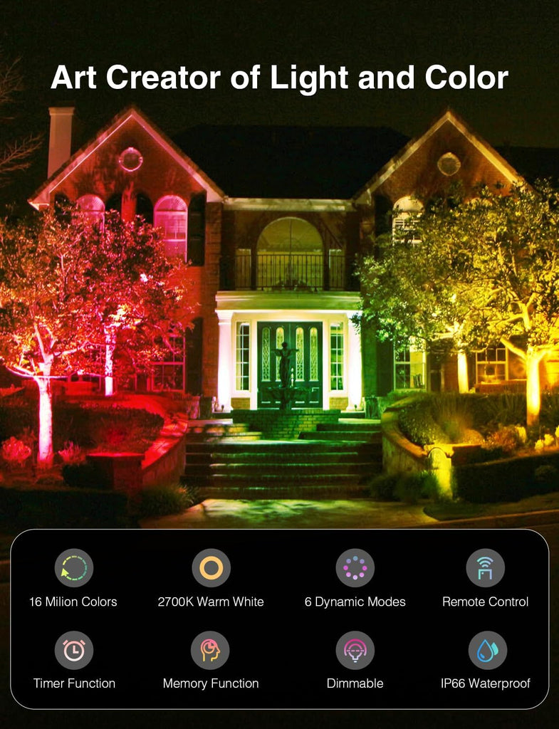 2 Pack RGBW LED Flood Light 800W Equivalent, 100W Color Changing Floodlight with 44 Keys Remote, 2700K Warm White