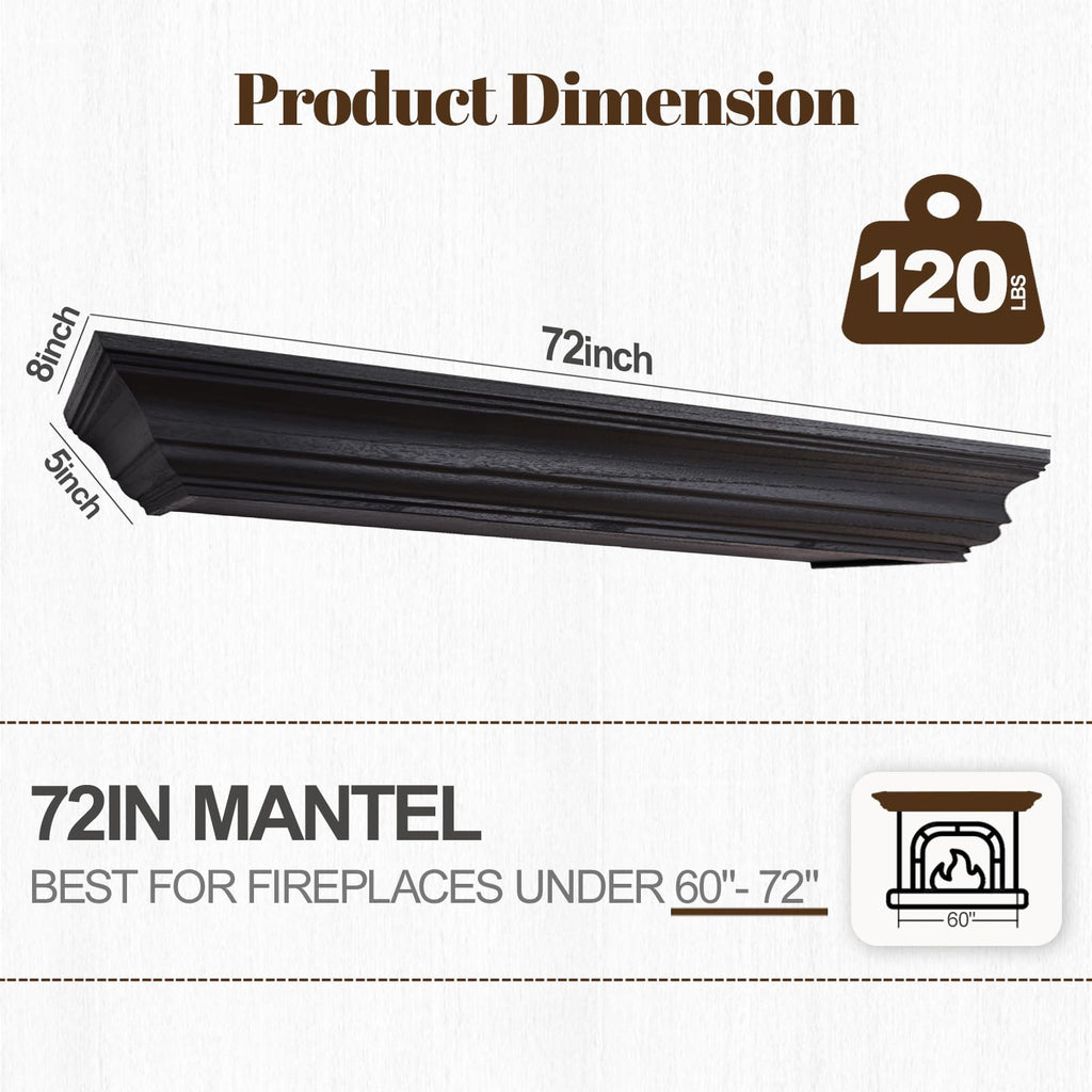 Rustic Fireplace Mantel 72", Solid Wood Floating Shelf, Black