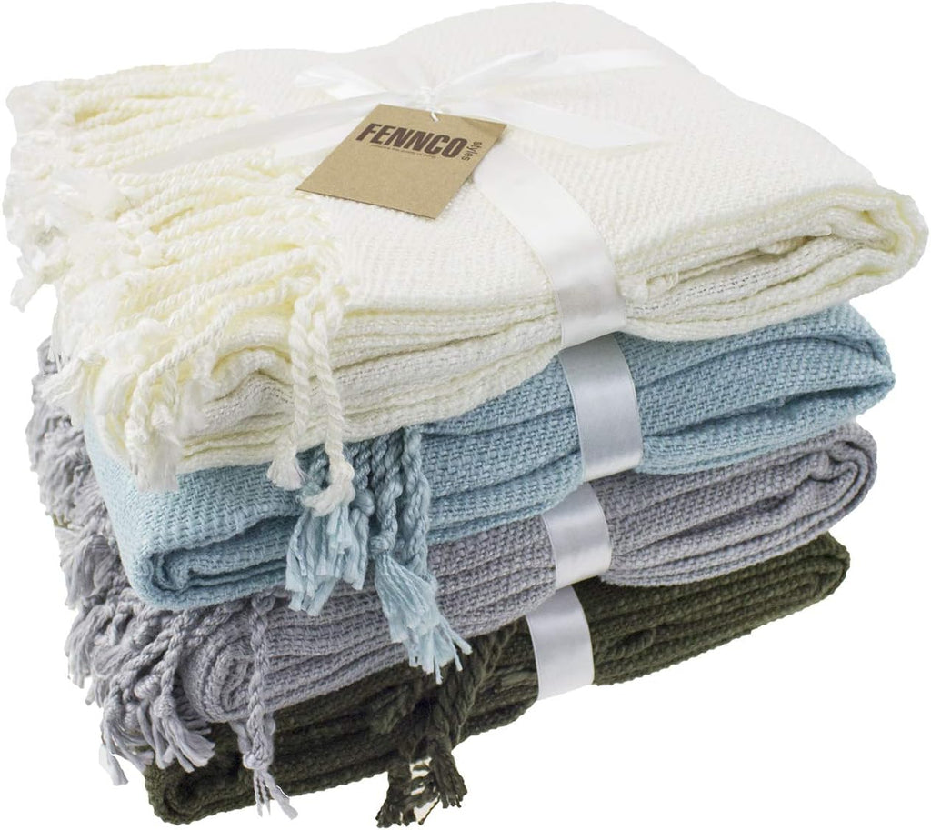 Classic Woven Solid Lightweight Throw Blanket with Fringe Design 50" W x 60" L - 4 Colors (Ivory)