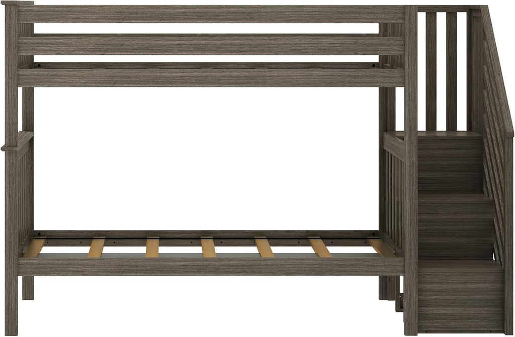 Bunk Bed, Twin-Over-Twin Bed Frame For Kids With Stairs, Clay