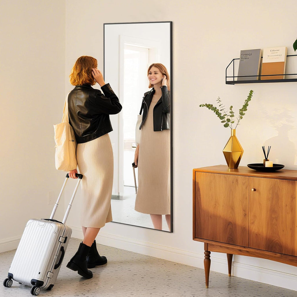 Wall-Mounted Full Length Mirror 25"x 71" , Full Body Floor Mirror with Stand, Hanging or Leaning for Wall, Black
