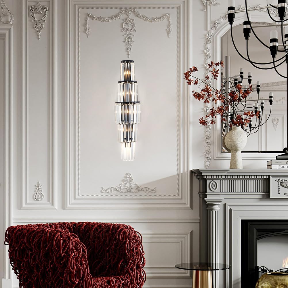 29.5 inch Modern Wall Sconce Crystal Vanity Wall Sconce Lighting 5-Light Black Wall Light Fixtures for Bedroom Living