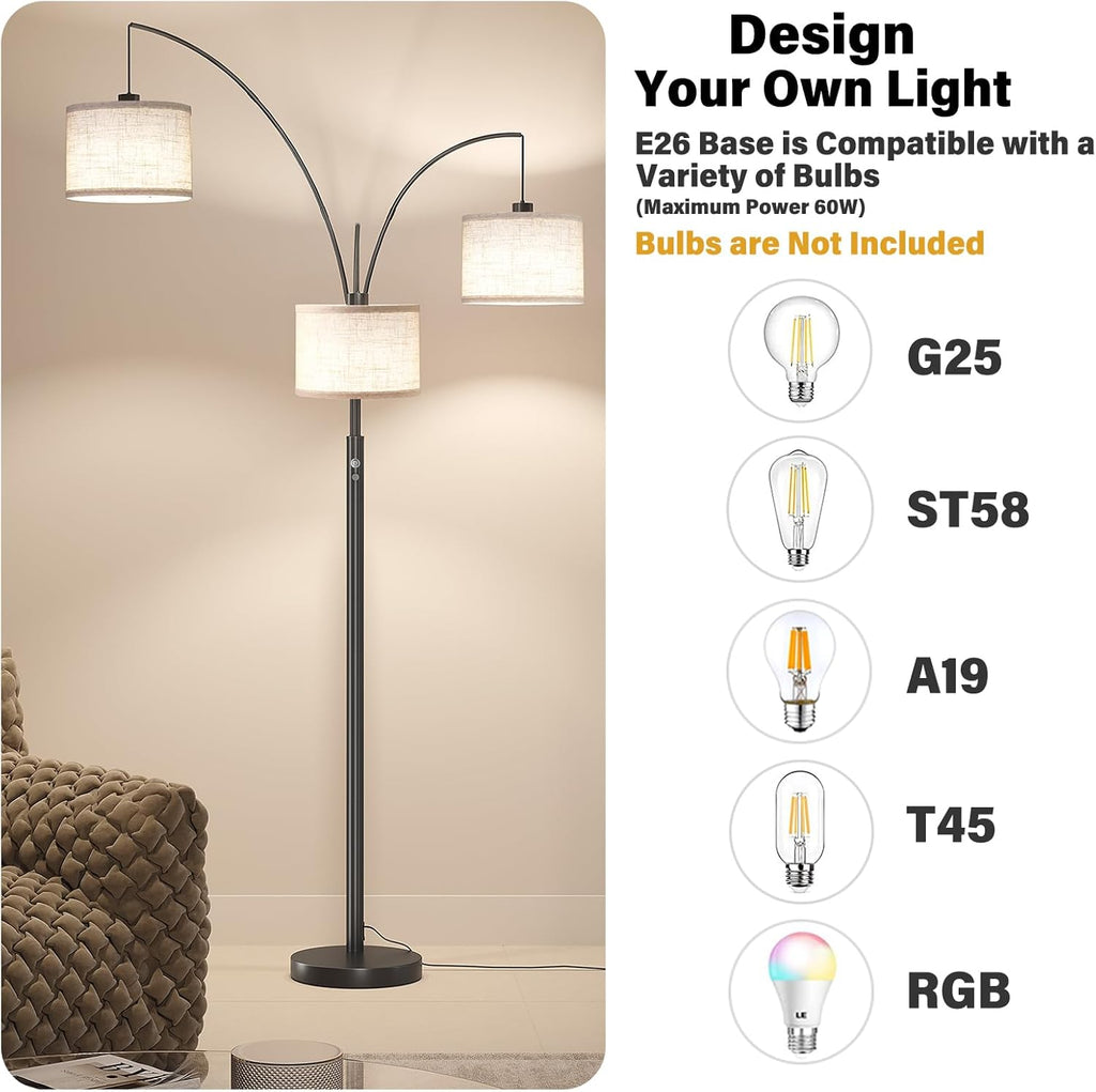 3 Lights Floor Lamp, 78" Tall Standing Lamp with Hanging Drum Shade, Modern Arc Floor Lamps with Heavy Base