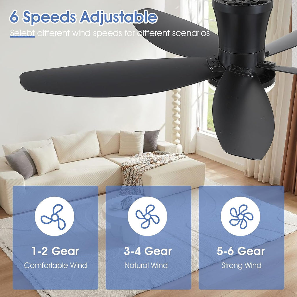42" Ceiling Fans with Lights-Low Profile Ceiling Fan with Light and Remote/APP Control,Flush Mount,DC Reversible,LED Dimmable Black Ceiling Fans for Bedroom,Indoor/Outdoor Patio Use