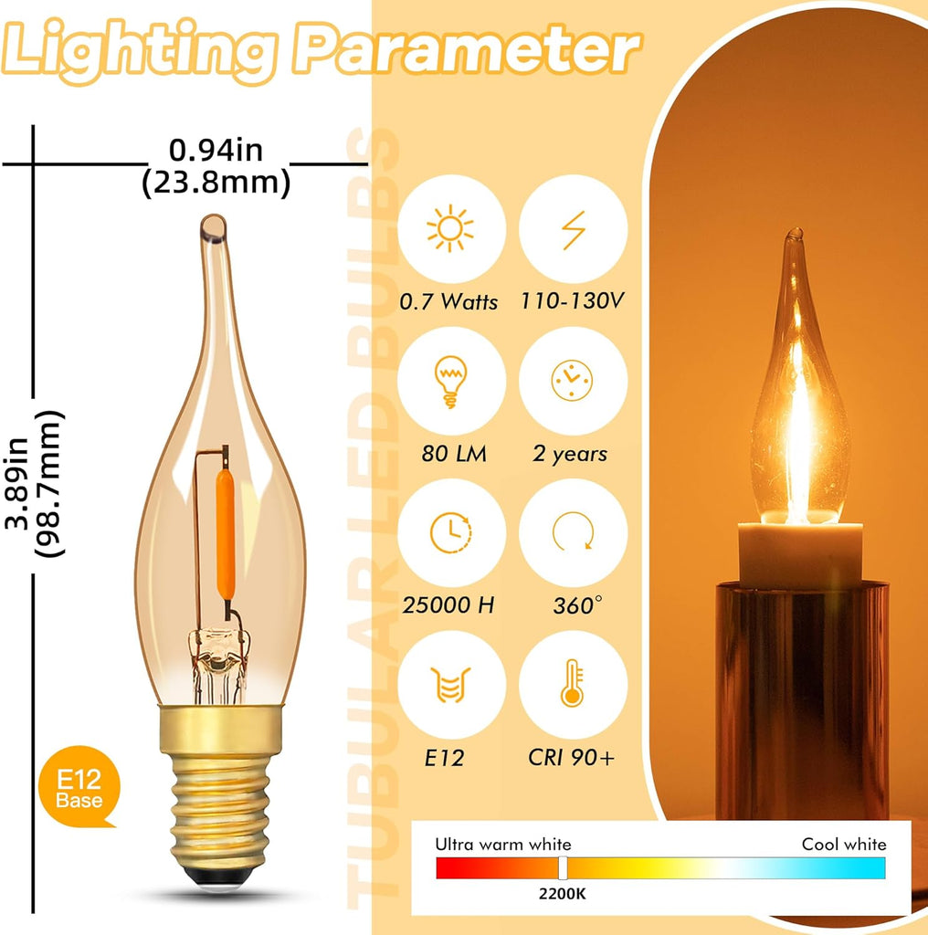 E12 LED Candelabra Bulbs, 7W Equivalent 0.7W Low Wattage, 2200K Amber Warm White, 50 Lumens High CRI(>90) Frosted