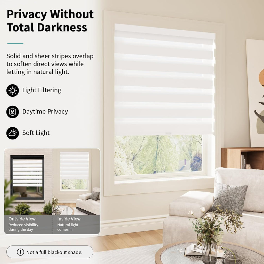 Cordless Zebra Blinds for Windows with Free-Stop(White,24" W x 72" H) Dual Layer Shades for Day & Night Privacy and
