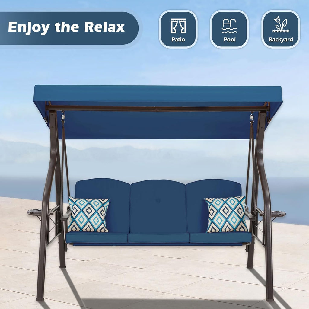 3-Seat Outdoor Porch Swing with Stand, Patio Swing with Canopy, 2 in 1 Porch Swing Bed & Patio Swing Chair for Adult
