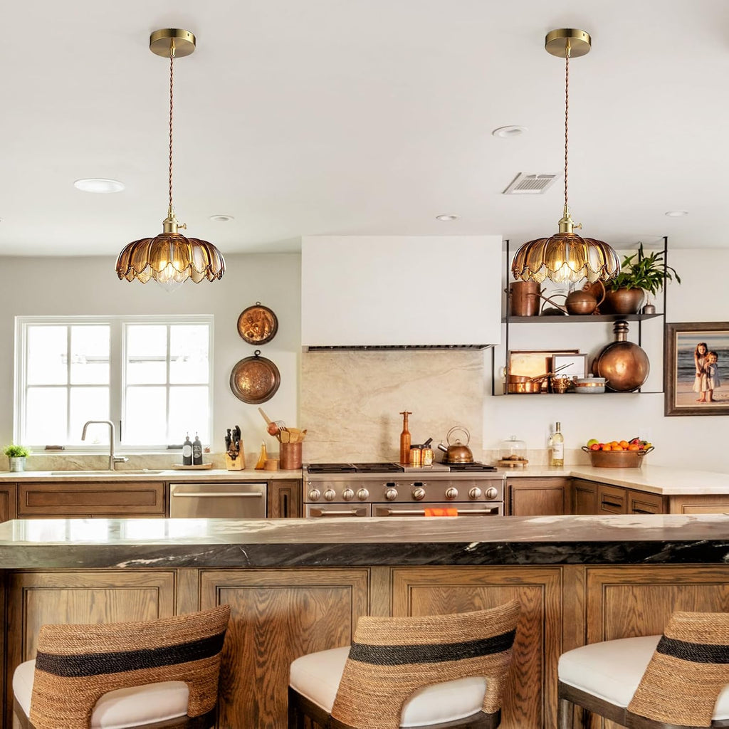 Pendant Lights Kitchen Island: Amber Glass Hanging Light Fixture with Rotating Switch, E26 Base - Modern Lighting