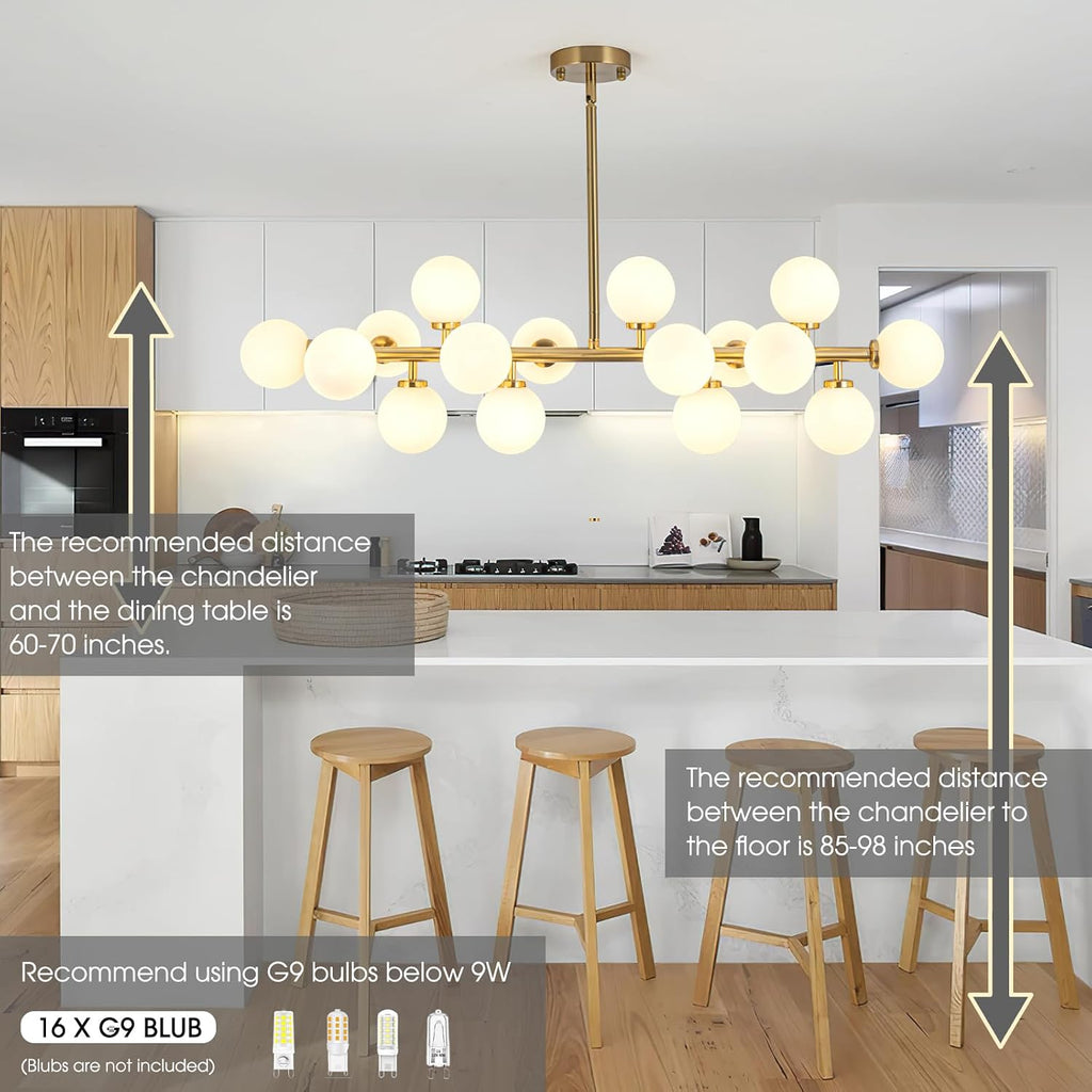 Modern Gold Chandelier Rectangle Pendant Light Sputnik Chandeliers Hanging Light Fixture 16-Light