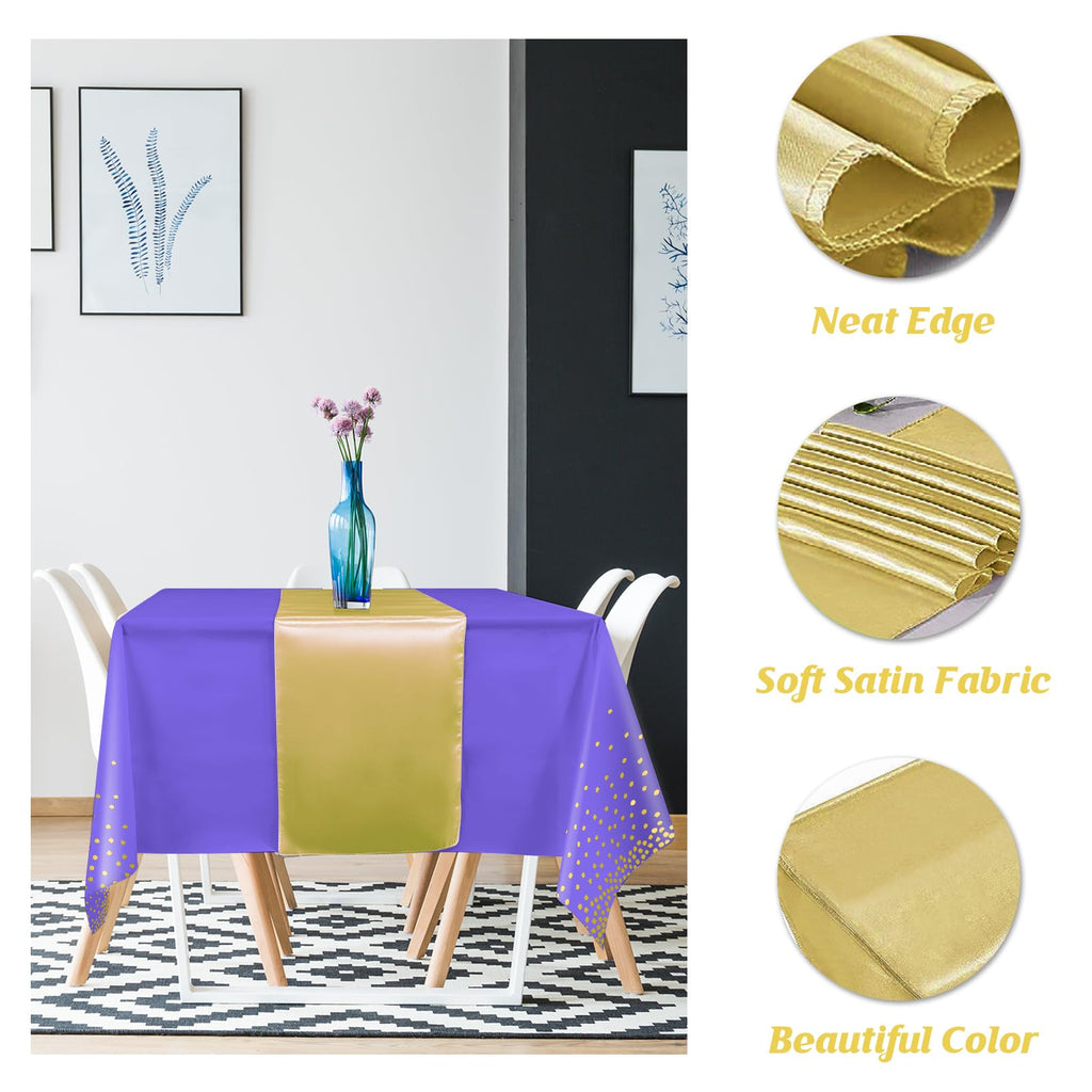 8Pack Disposable Plastic Tablecloths and Satin Table Runner Set Purple and Gold Dot Tablecloth Gold Satin Table