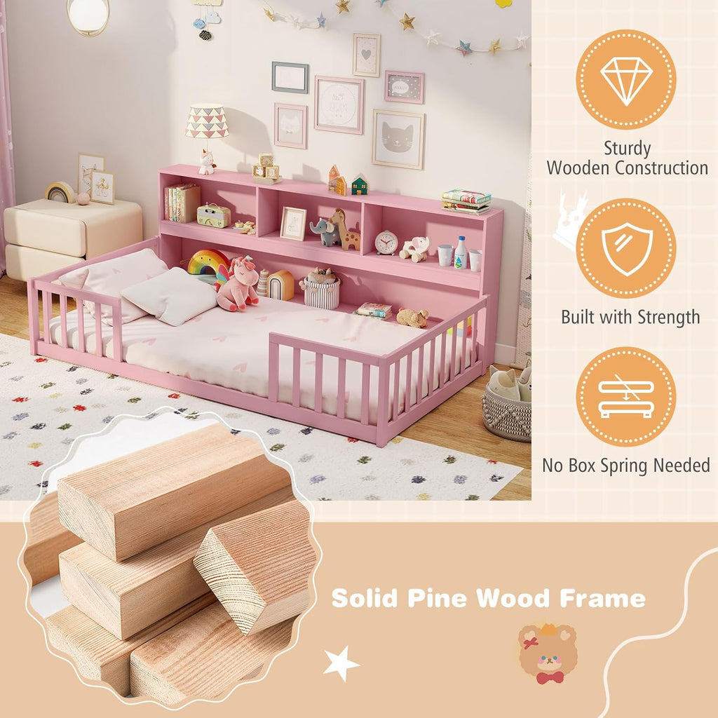 Twin Floor Bed for Kids, Wooden Montessori Bed Frame with Bookcase, Storage Shelves & Safety Fence Rails, Floor Beds