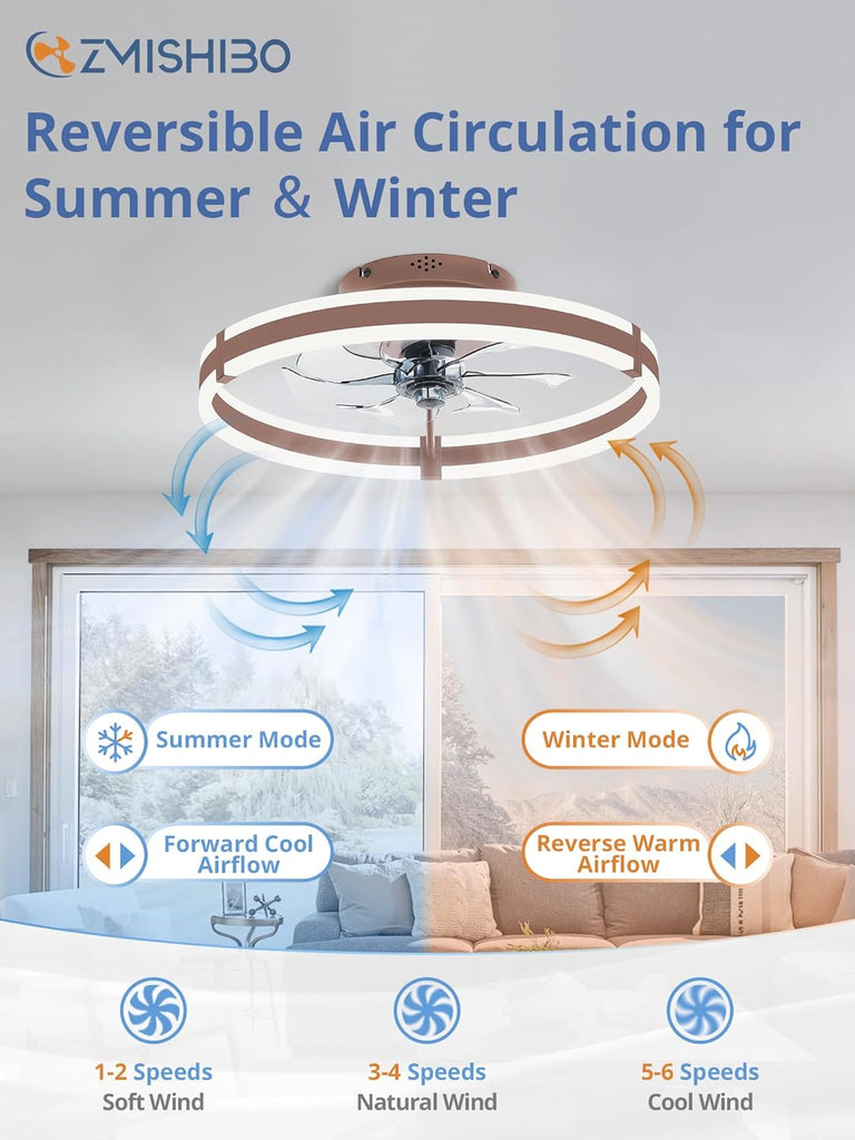Ceiling Fans with Lights and Remote, 19.7'' Low Profile Ceiling Fan, 3000-6000K Dimmable Modern Flush Mount LED Fan Light, 6 Wind Speeds, Brown Fandelier Ceiling Fans for Bedroom