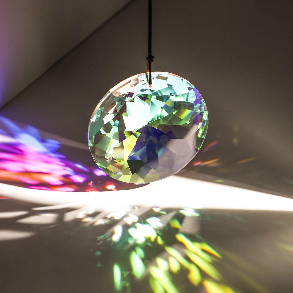 3 Inch Round Crystal Prism Suncatcher, AB Color Rainbow Maker - Faceted Crystal Pendant, Window Hanging Ornament