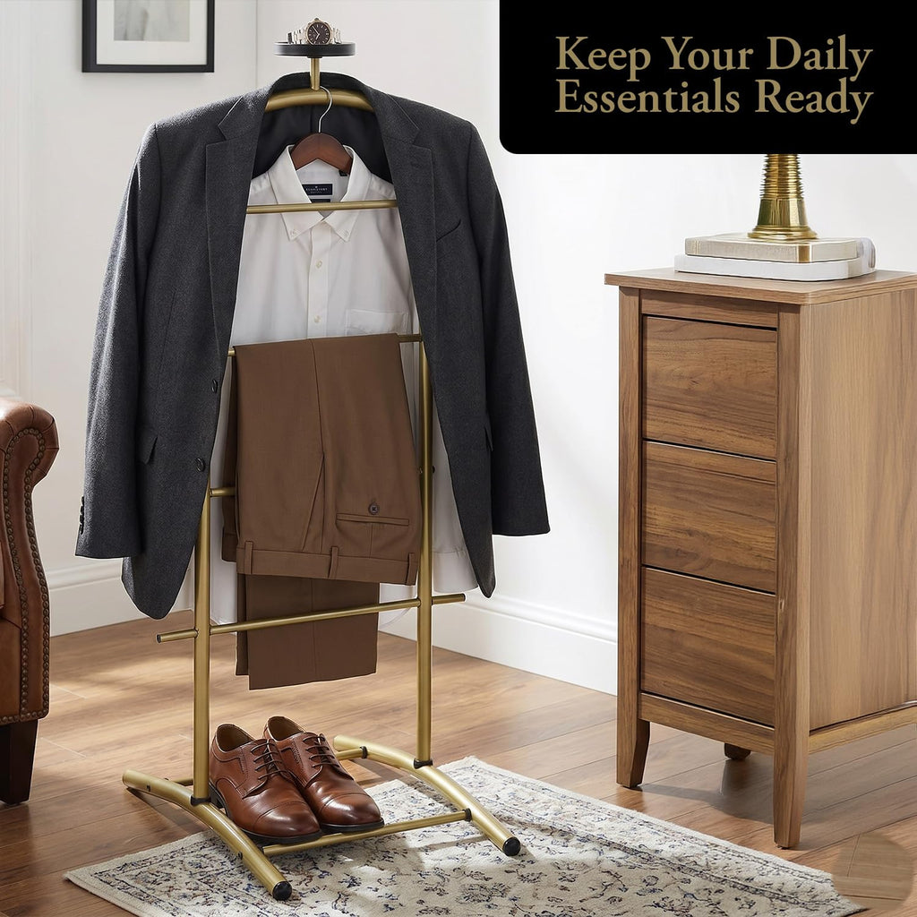 Freestanding Metal Suit Valet Stand with Tie Bar, Gold