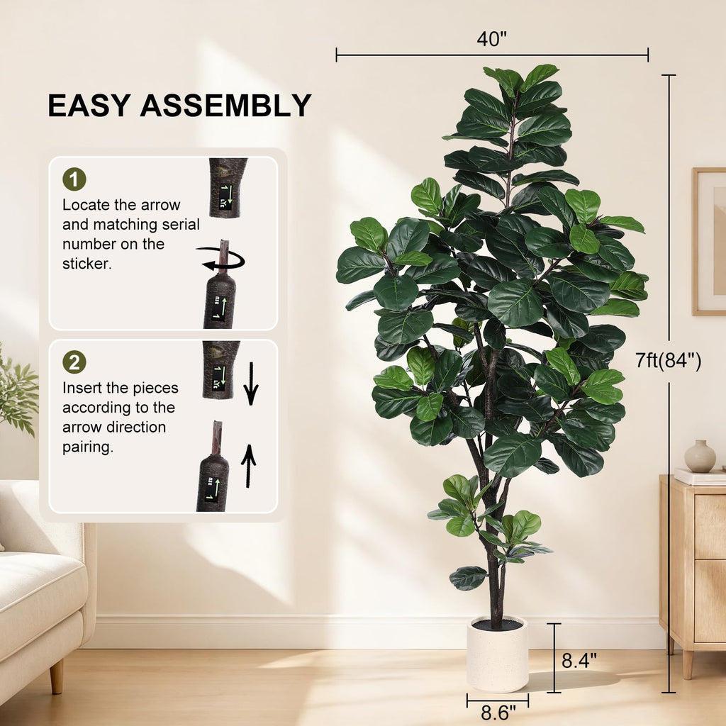 Faux Fiddle Leaf Fig Tree 7ft with Sturdy White Planter