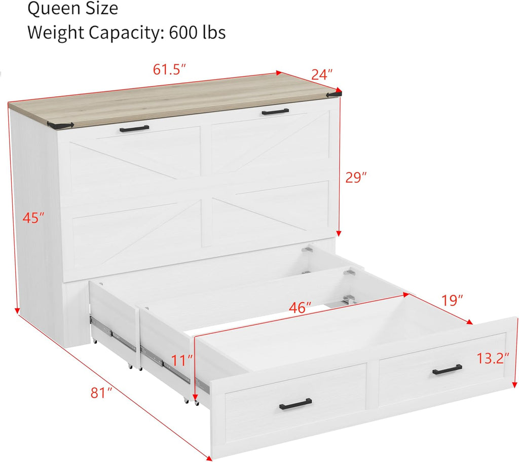 Modern Farmhouse Solid Wood Murphy Cabinet Bed with Charging Station, Foldable Wall Platform Bed with Storage