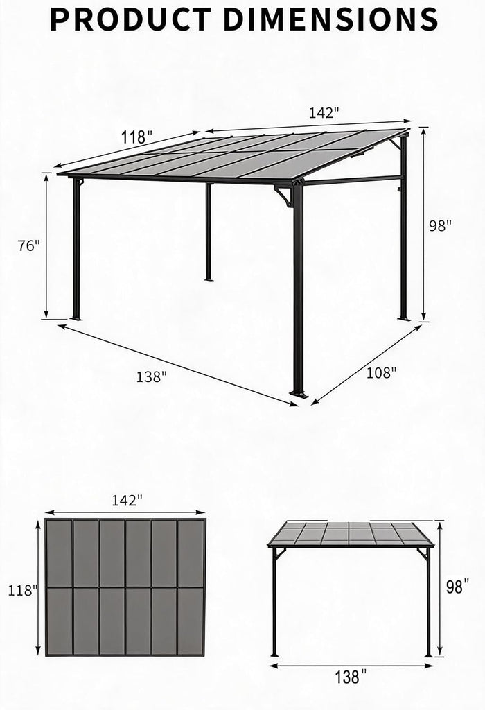 10' x 12' Lean-to Gazebo, Wall-Mounted Hardtop Gazebo, Polycarbonate Roof, Aluminum Frame, Ideal and Parties