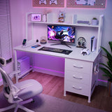 White Computer Desk with Hutch & Drawers - Office Desk with 3 Storage Drawers and Power Outlets