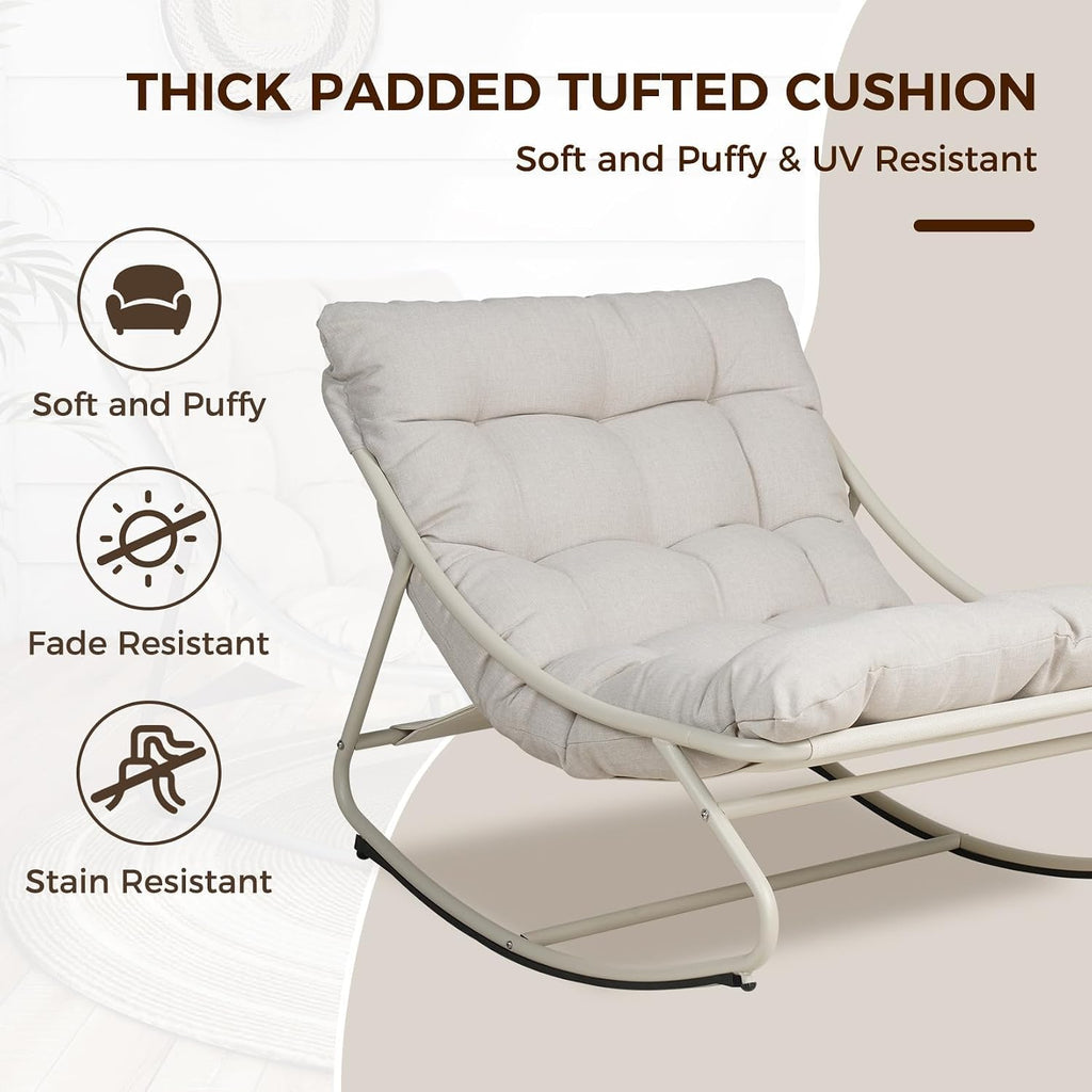 Rocking Chair with Cushion for Indoor and Outdoor, Beige | Metal Lounge Rocking Chair with Thick Cushion, Comfy